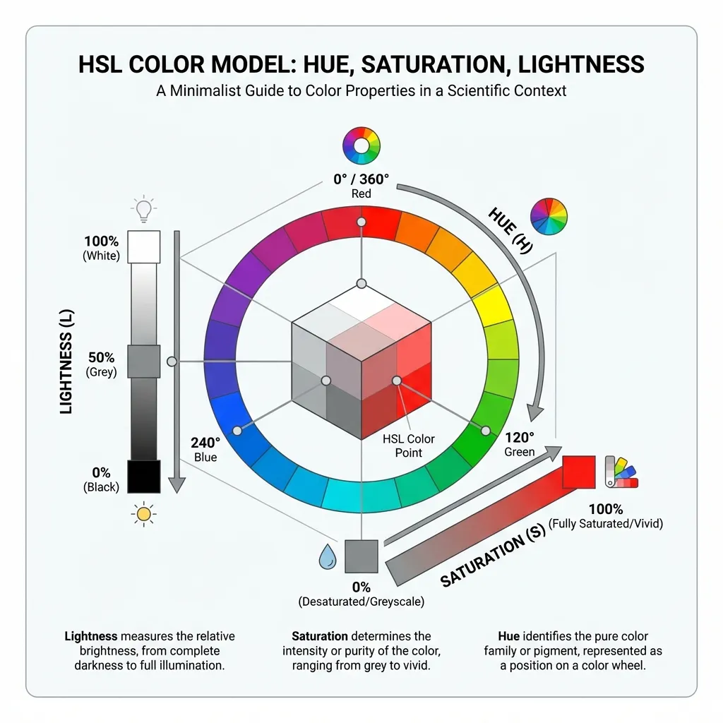 Anatomy of a color wheel showing Hue on the outer ring, Saturation from center to edge, and Lightness zones